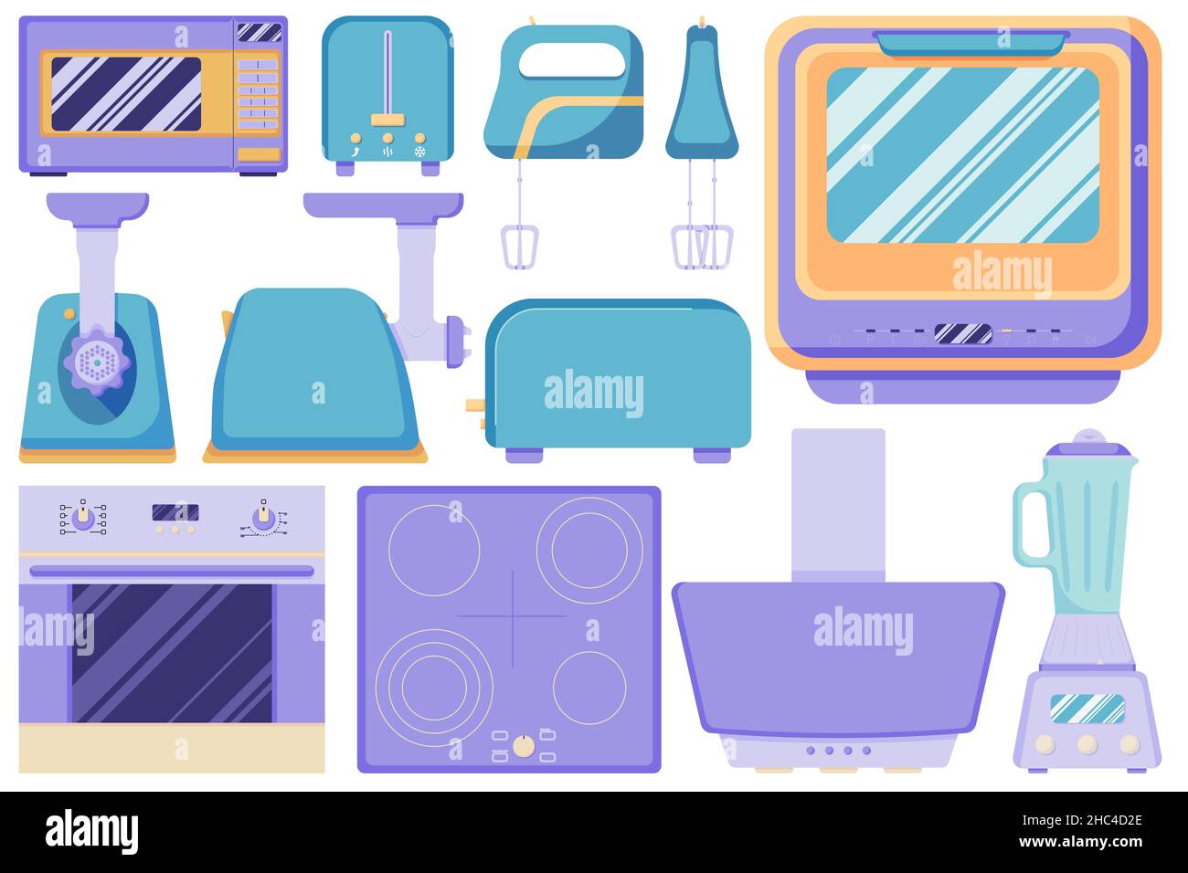 A set of electronic kitchen appliances, stove, oven, microwave, dishwasher, meat grinder, mixer, toaster, extractor hood and blender in a flat style i Stock Vector