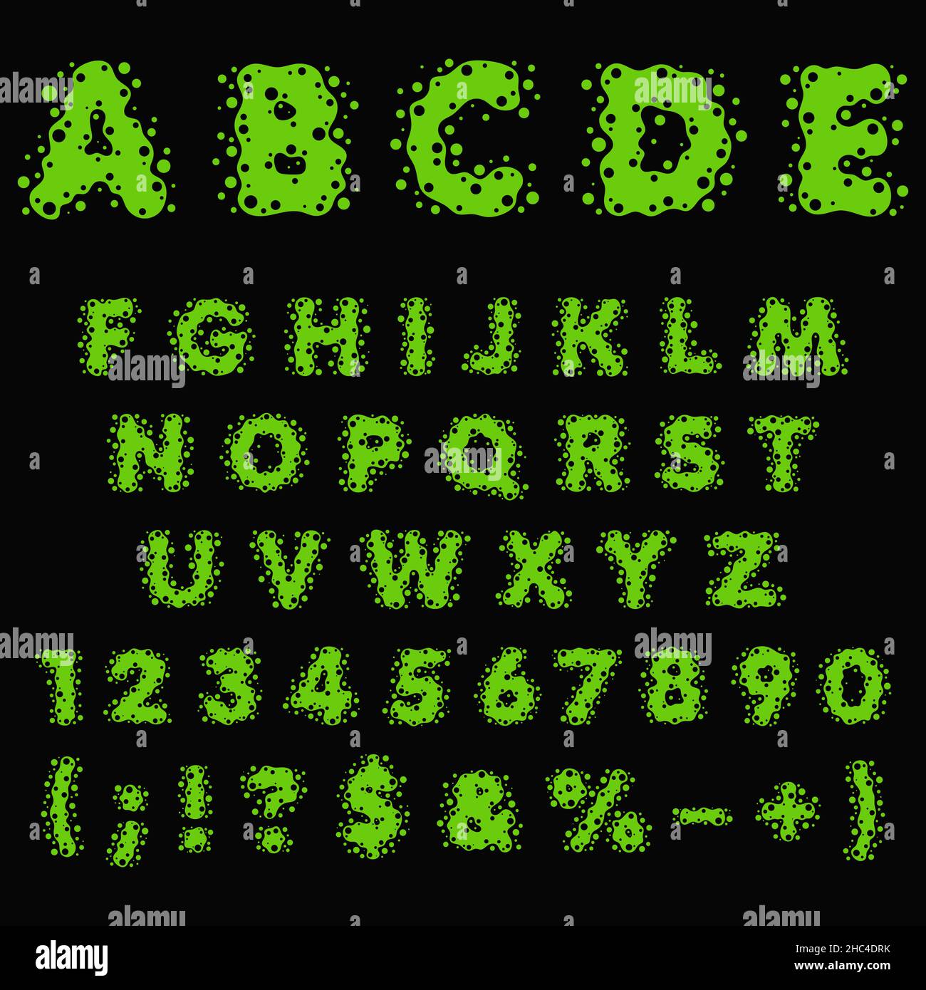 Alphabet, letters, numbers and signs made of green slime, liquid. Isolated colored vector objects on a black background. Stock Vector
