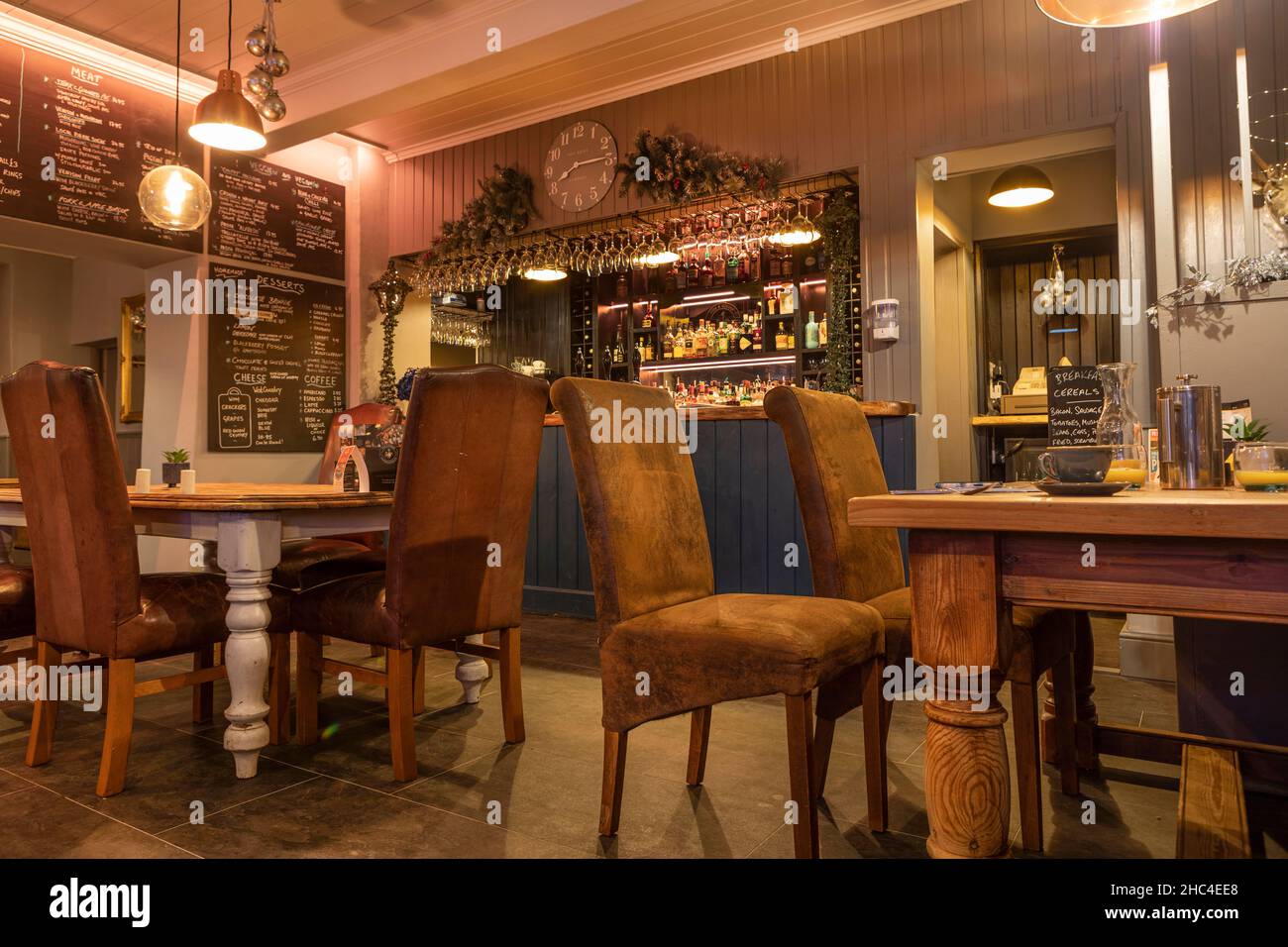 The dining room and bar in the Fox and Goose pub and B&B, Parracombe, Devon Stock Photo