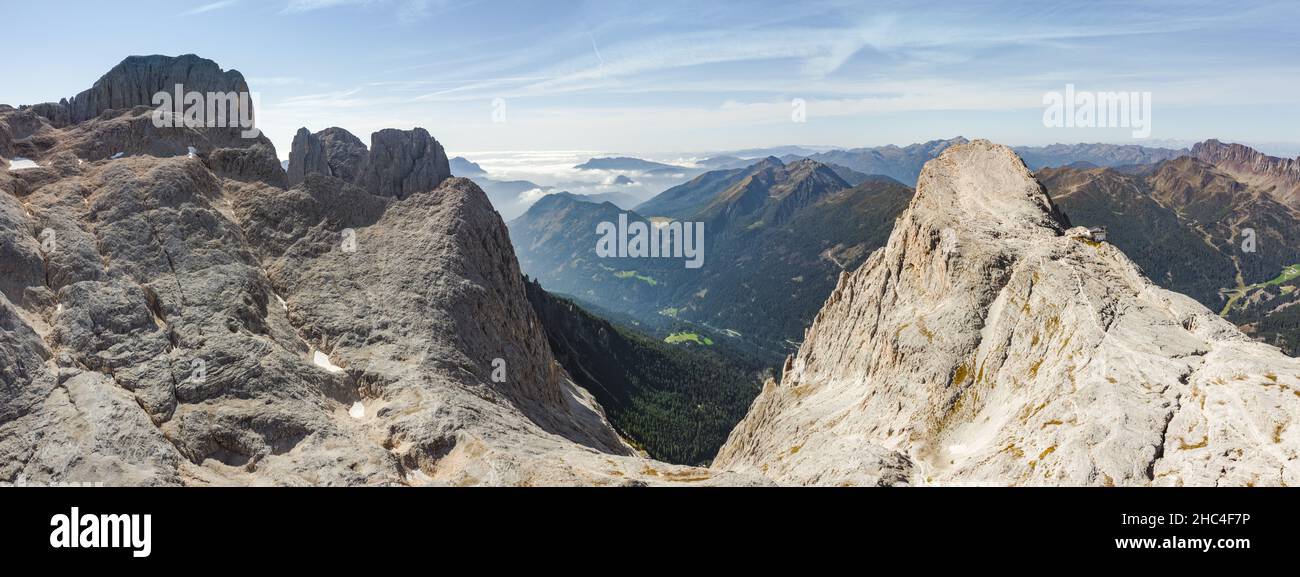 aerial panorama view of mountains in pale di san martino with cima di val di roda in the dolomites Stock Photo