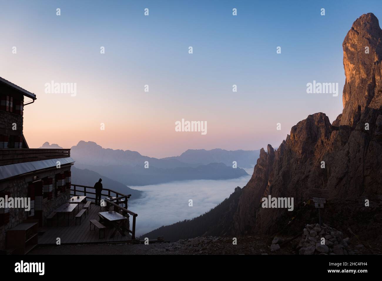 view on sunrise over pale di san martino mountain in the dolomites Stock Photo
