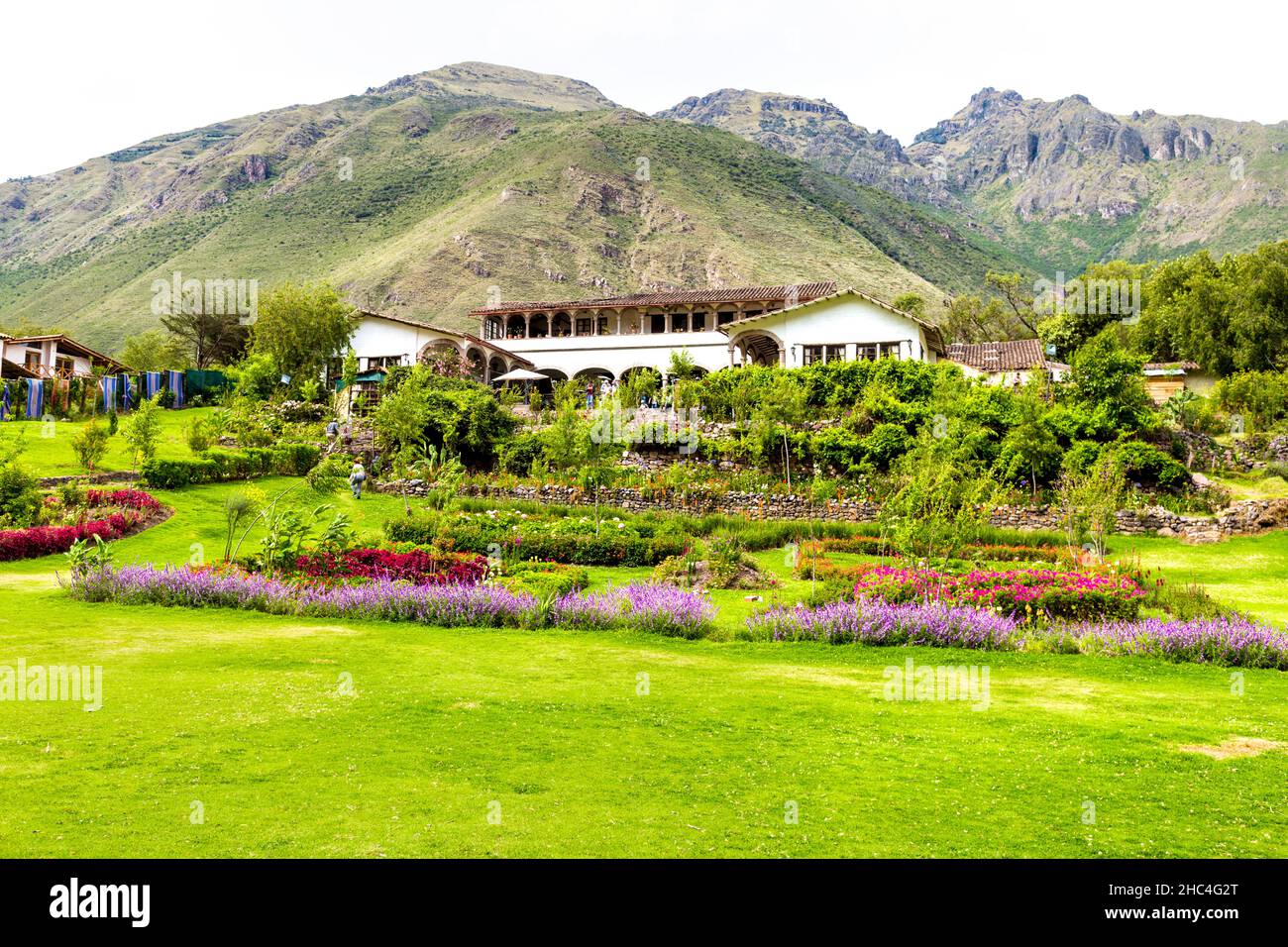 Garden of Tunupa Restaurant near Maras Salt Ponds, Sacred Valley, Peru Stock Photo