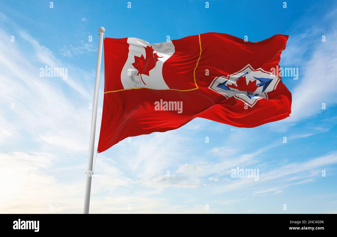 flag of Canadian Army  1968 1998  , Canada at cloudy sky background on sunset, panoramic view. Canadian travel and patriot concept. copy space for wid Stock Photo