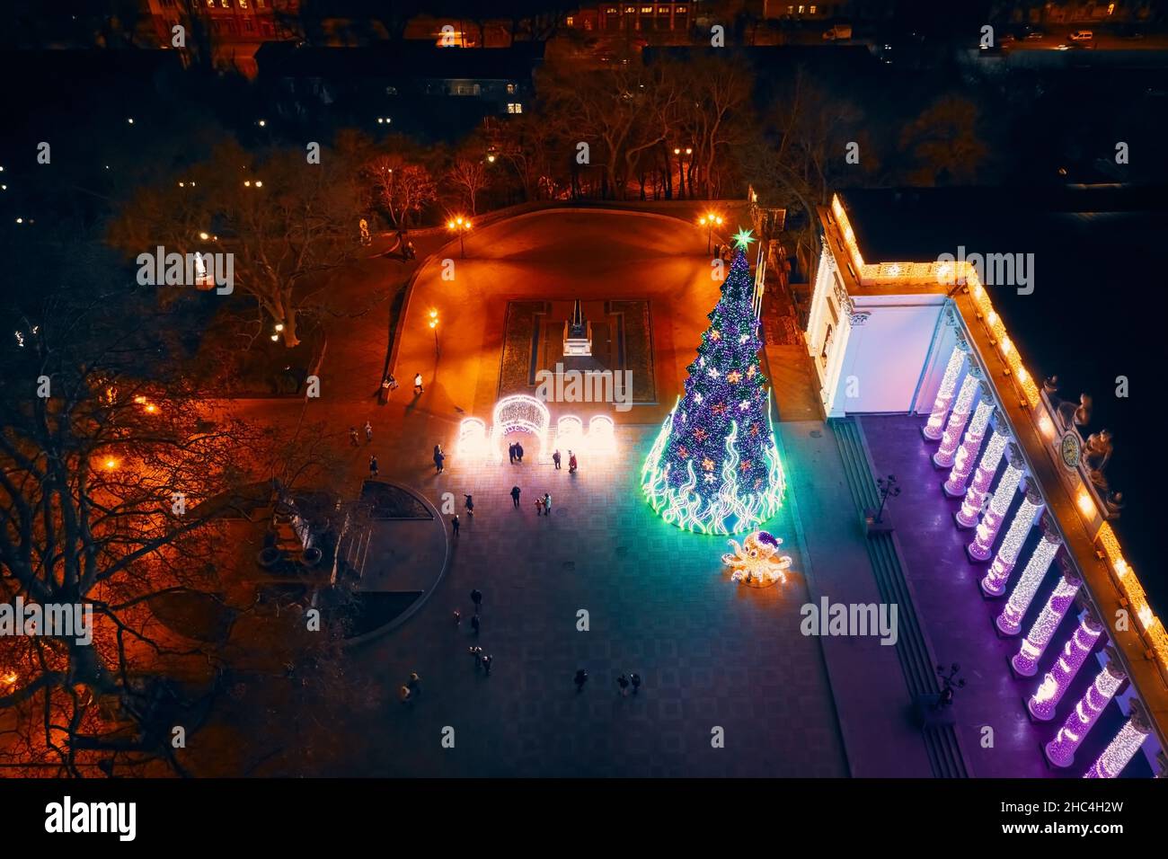 Aerial panorama of the main Christmas tree on Dumskaya square in Odessa Ukraine Stock Photo
