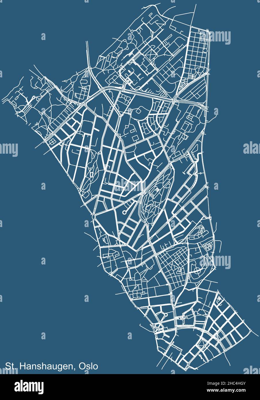 Detailed technical drawing navigation urban street roads map on blue background of the quarter St. Hanshaugen Borough of the Norwegian capital city of Stock Vector