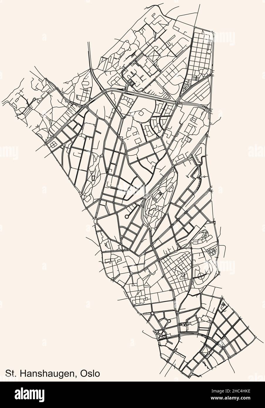 Detailed navigation urban street roads map on vintage beige background of the quarter St. Hanshaugen Borough of the Norwegian capital city of Oslo, No Stock Vector