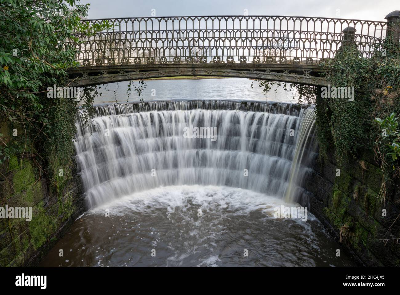 The Weir in Ripley Beck at Ripley Castle North Yorkshire England, United Kingdom Stock Photo