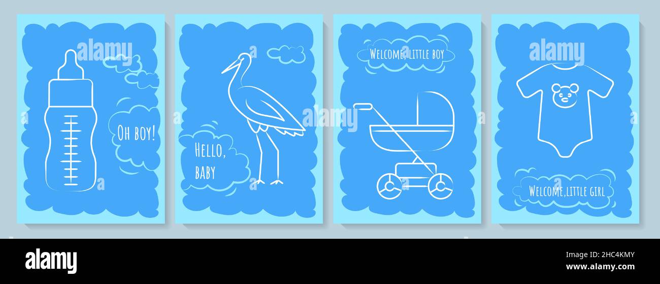 Baby shower blue postcard with linear glyph icon set Stock Vector Image ...