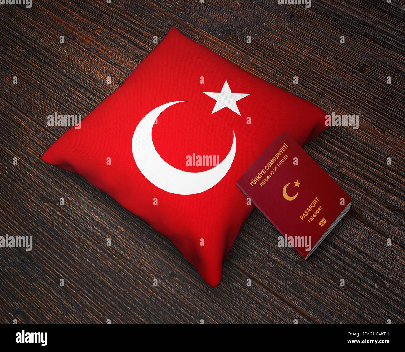 Passport of  Turkey with a Turkish flag pillow Stock Photo