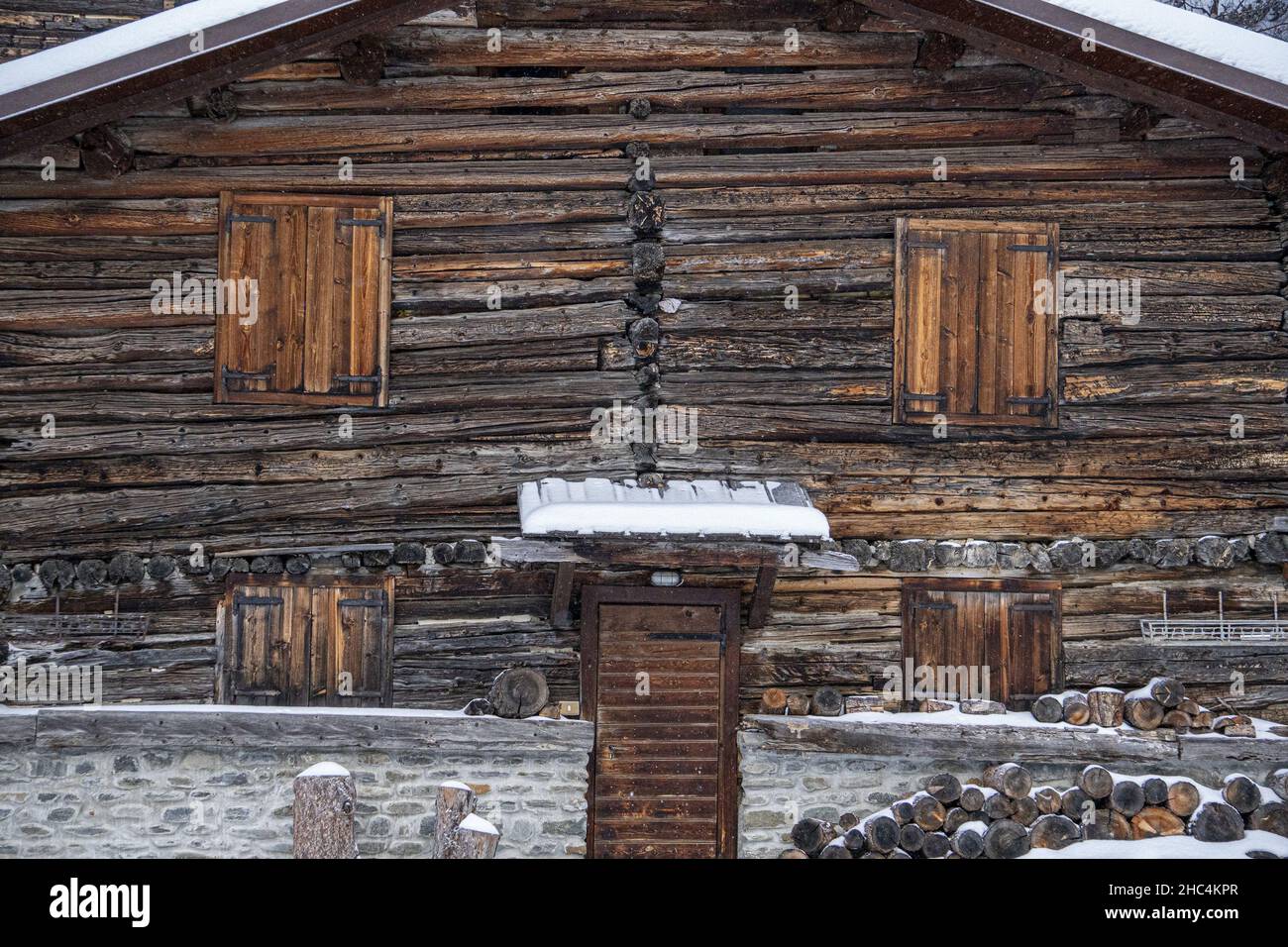 wooden hut cabin covered by snow in dolomites Stock Photo - Alamy
