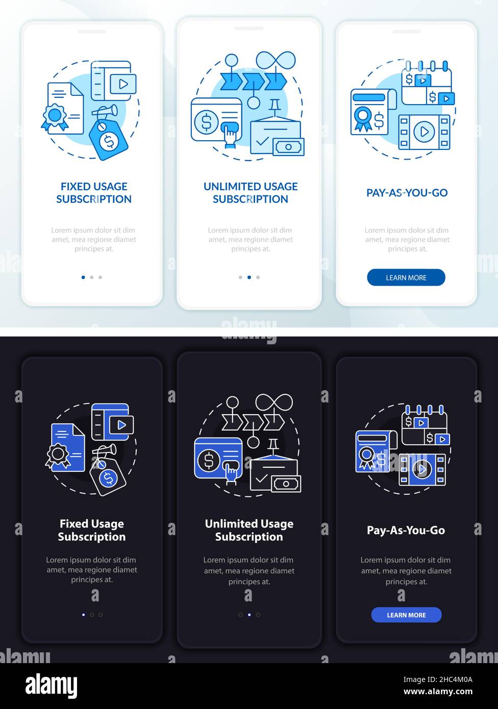 Types of subscription night, day mode onboarding mobile app screen ...