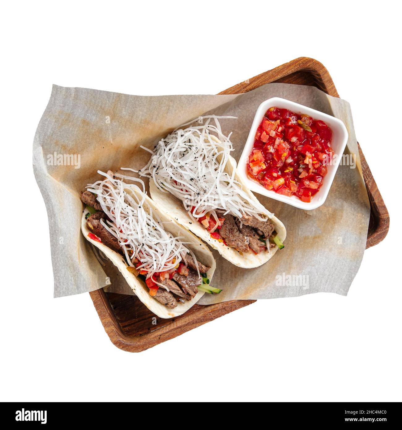 Isolated taco with beef appetizer with salsa sauce Stock Photo Alamy