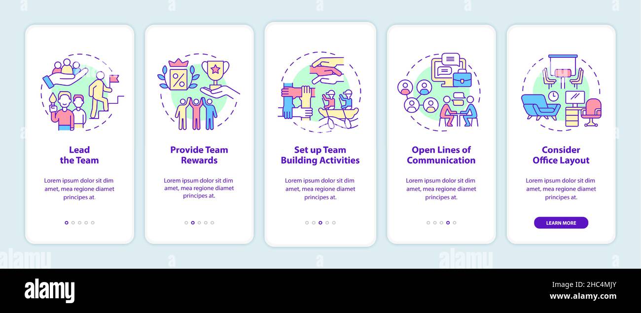 Promoting teamwork in workplace onboarding mobile app screen Stock ...