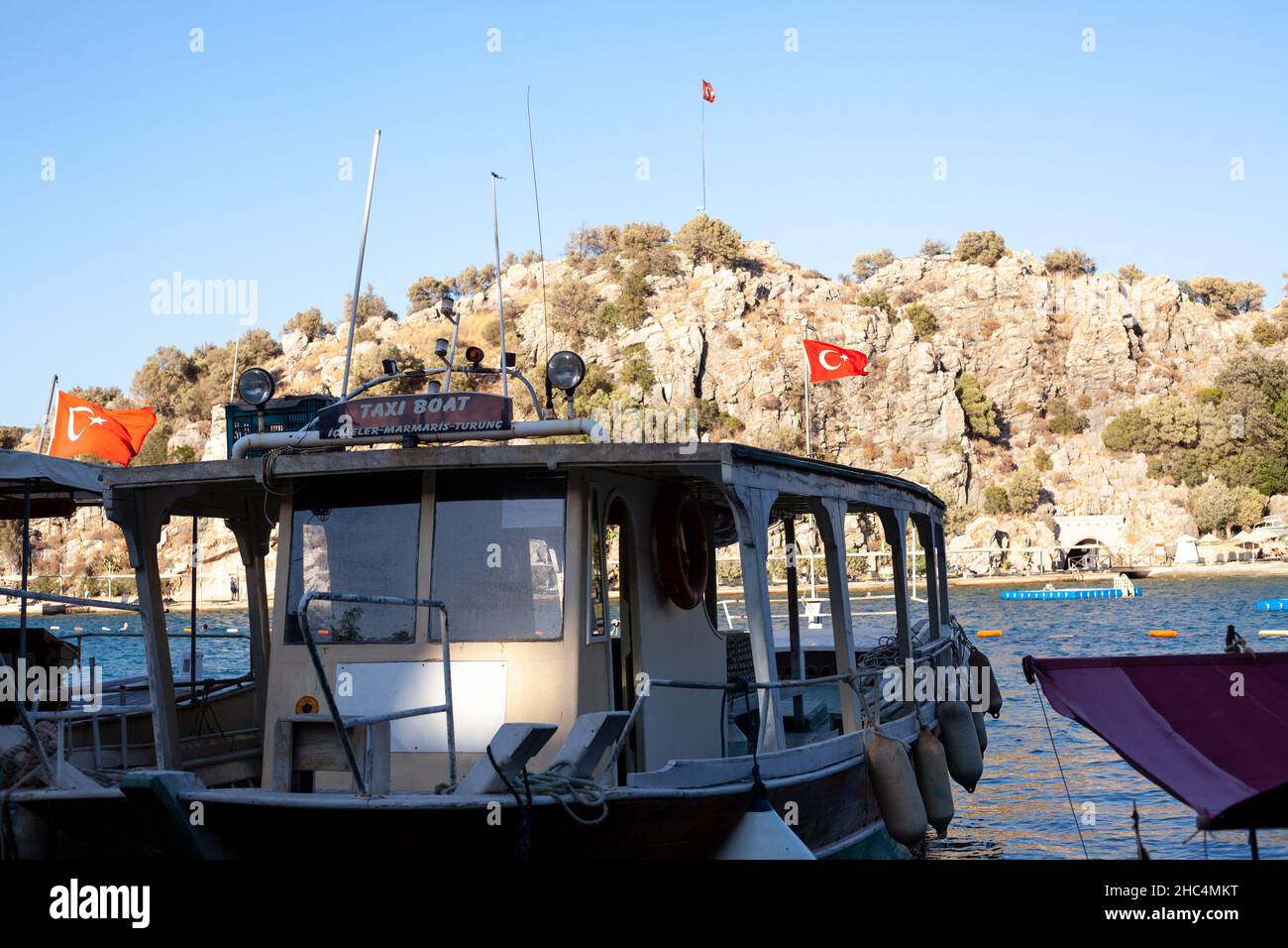 Moored pleasure yacht for travel by Mediterranian sea. Turunc, Turkey - September 4. 2021 Stock Photo