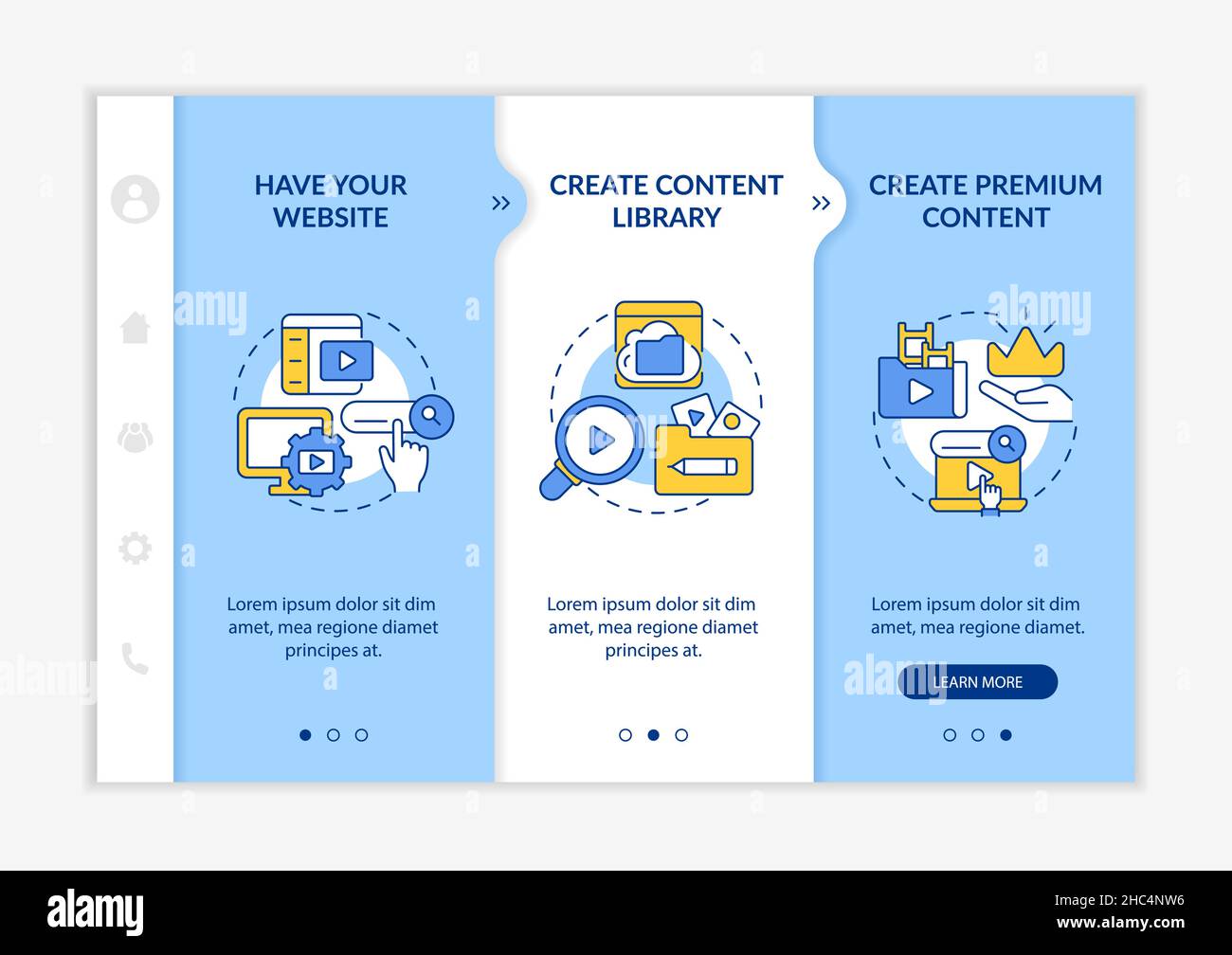 Video on demand blue and white onboarding template Stock Vector