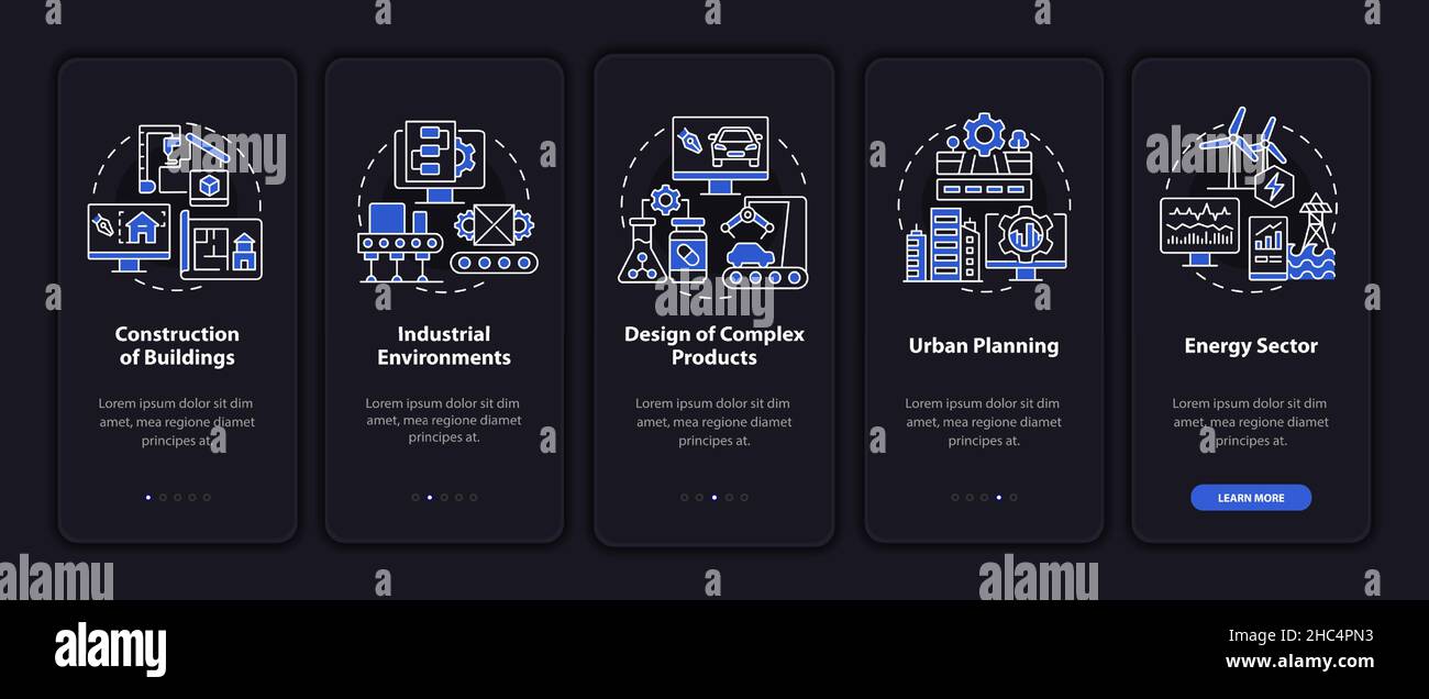 Digital twin use situations night mode onboarding mobile app screen ...