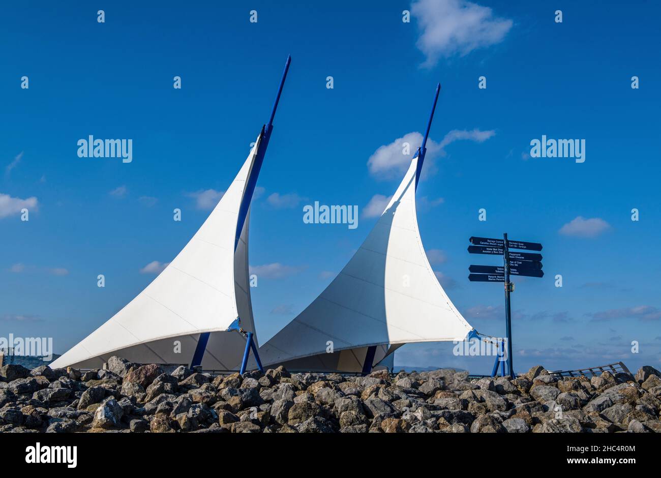 Saiols on the Cardiff Bay Barrage - sails placed to commemorate the departure of Captain Scott on the start of the epic journey to Antarctica Stock Photo