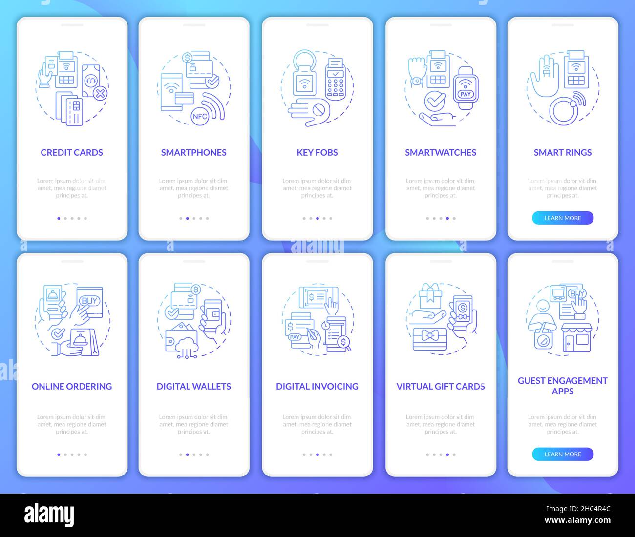 Contactless pay blue gradient onboarding mobile app screen set Stock ...
