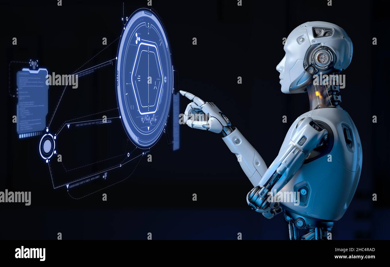 Robot working with futuristic user interface. 3D illustration Stock Photo
