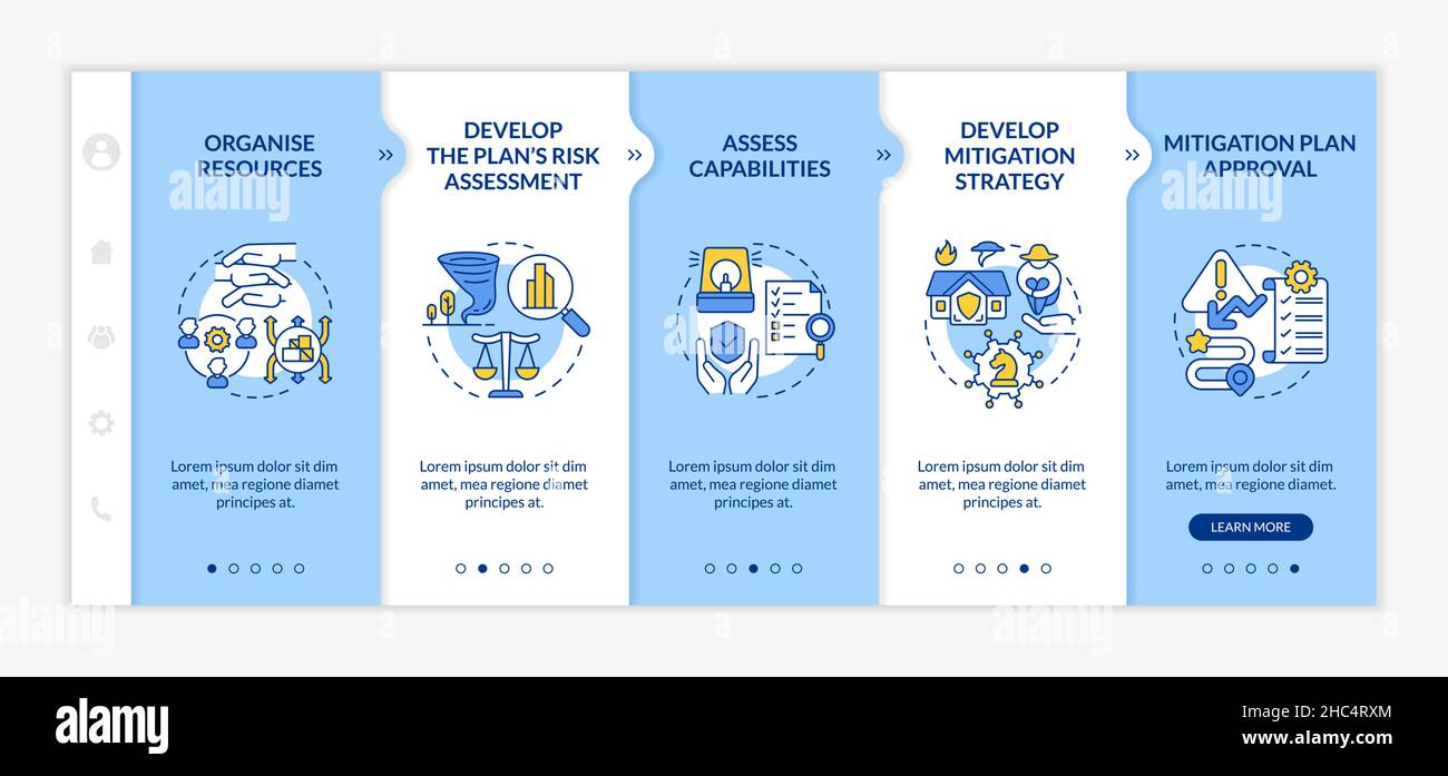 Hazard mitigation steps blue and white onboarding template Stock Vector