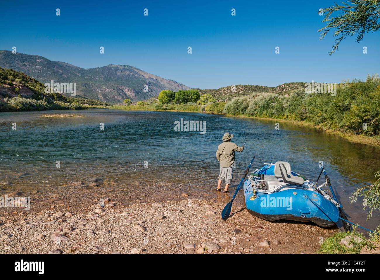 Man fishing, Green River at Indian Crossing Boat Ramp and Campground, Uinta Mountains, Browns Park, Utah, USA Stock Photo