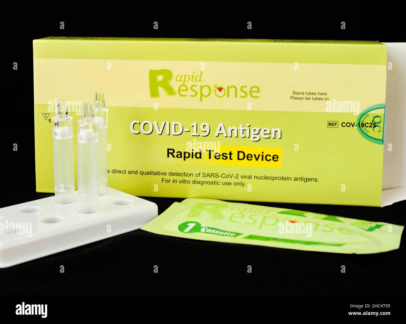 Open kit of Rapid Response, rapid Covid-19 Antigen test device pack of 5 distributed by government. Halifax, Canada. December, 2021 Stock Photo