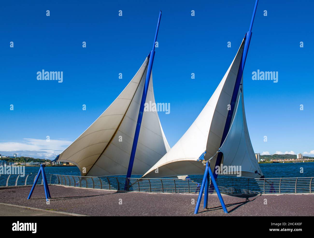 The two commemorative sails for Captain Scott when he sailed to the Antarctic - both on the Cardiff Bay Barrage Stock Photo