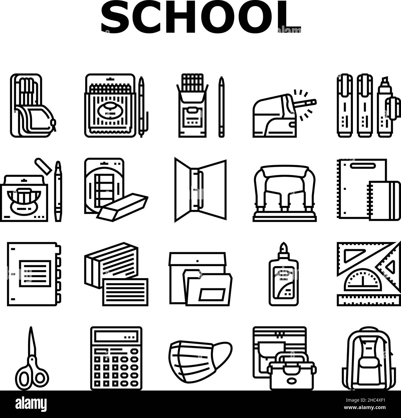 School Supplies Stationery Tools Icons Set Vector Stock Vector Image ...