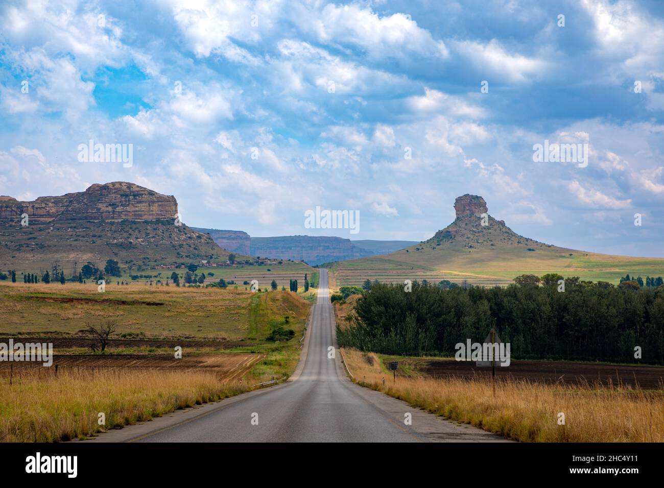 Landscape in the Eastern Freestate of South Africa with an empty road and mountains Stock Photo