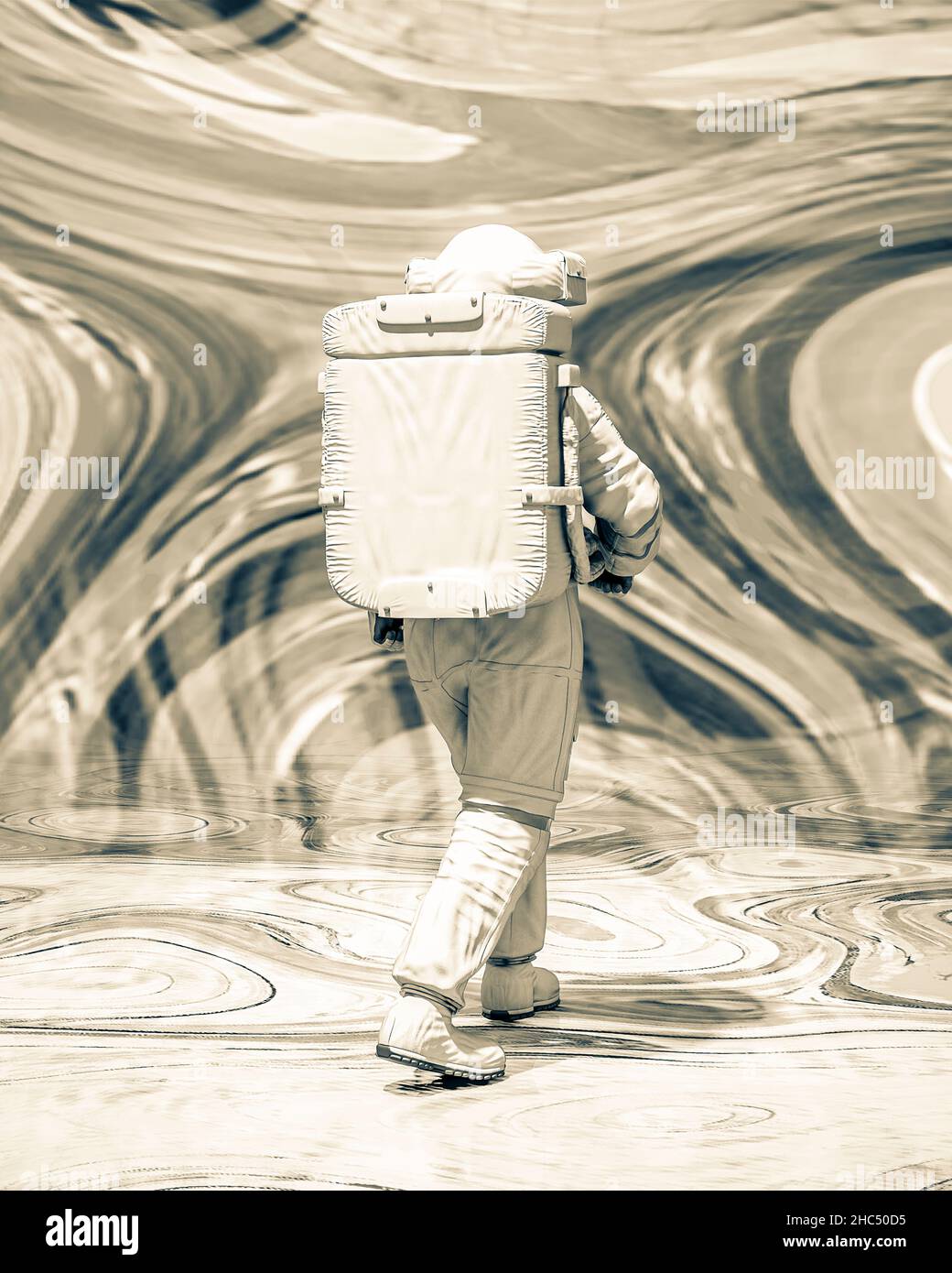astronaut is walking in a psychedelic background rear view, 3d ...