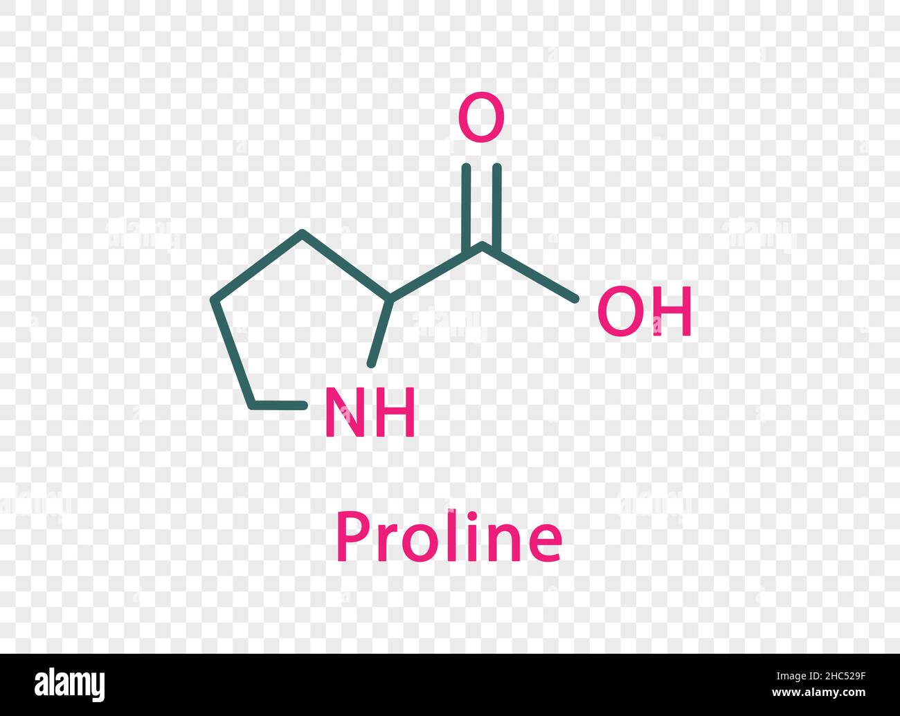 Proline chemical formula. Proline structural chemical formula isolated on transparent background. Stock Vector