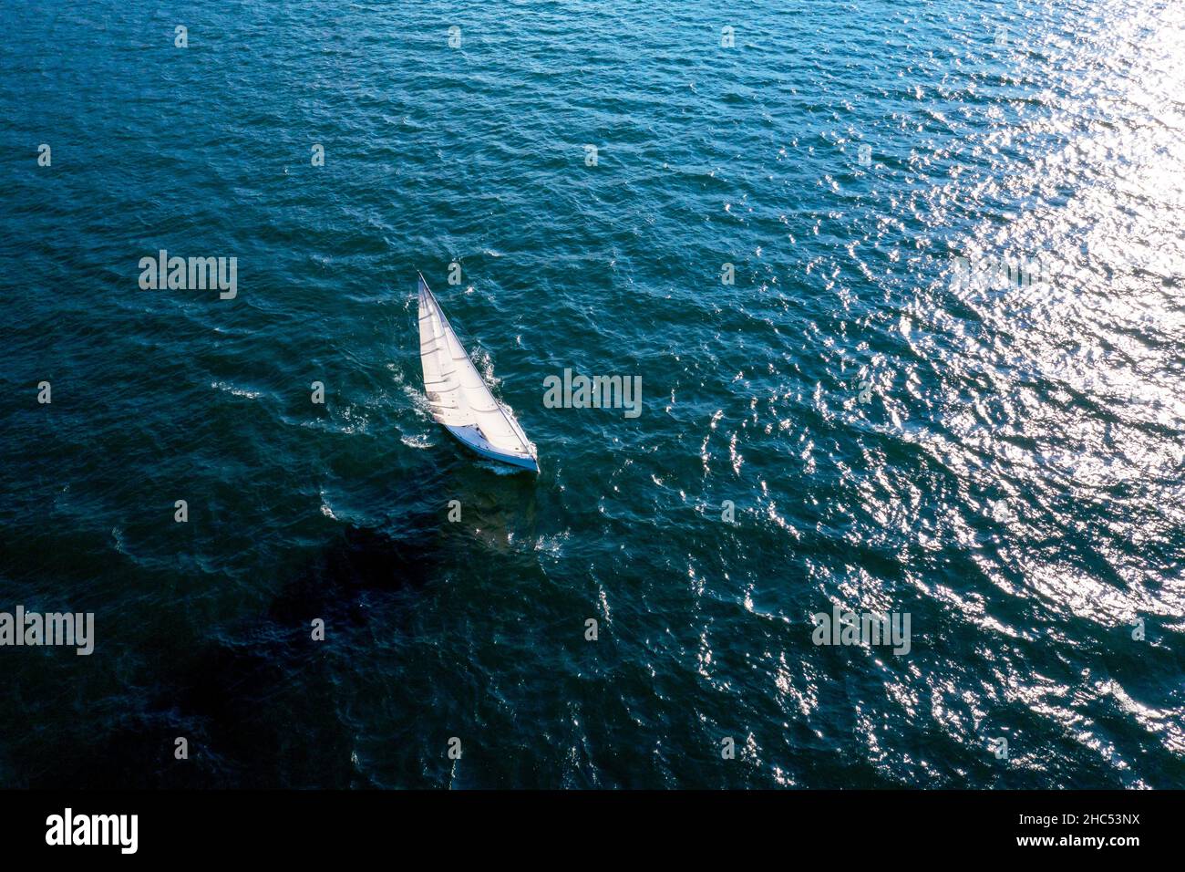 Sailing boat at sea, aerial view Stock Photo