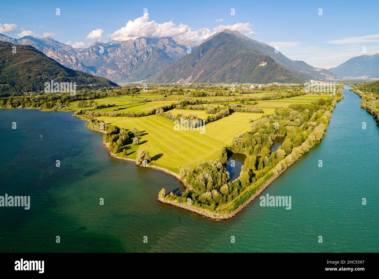 Lake Como (IT), Mouth of the river Adda in the lake, aerial view Stock Photo