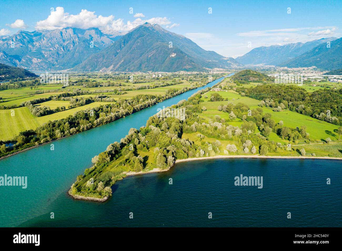 Lake Como (IT), Mouth of the river Adda in the lake, aerial view Stock Photo