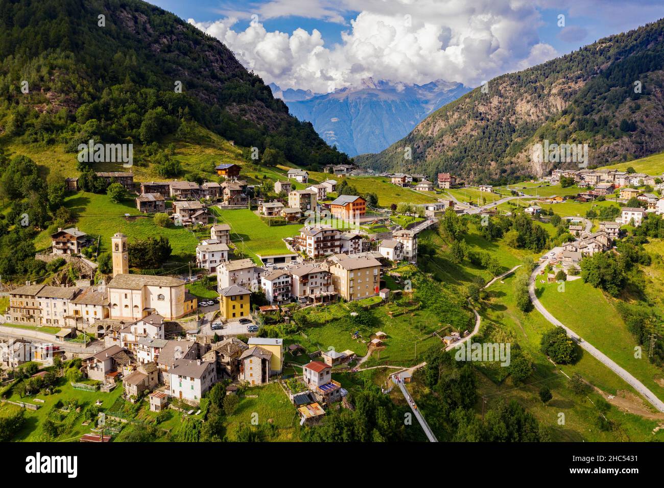 Valtartano, Valtellina (IT), Aerial view of Campo Tartano Stock Photo