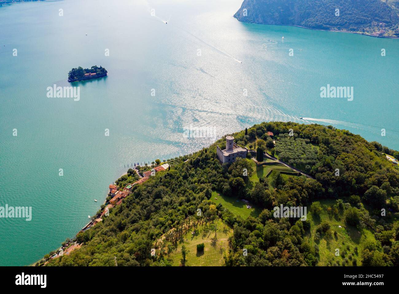 Iseo Lake (IT), Peschiera Maraglio, San Paolo Island and castle Oldofredi, aerial view Stock Photo