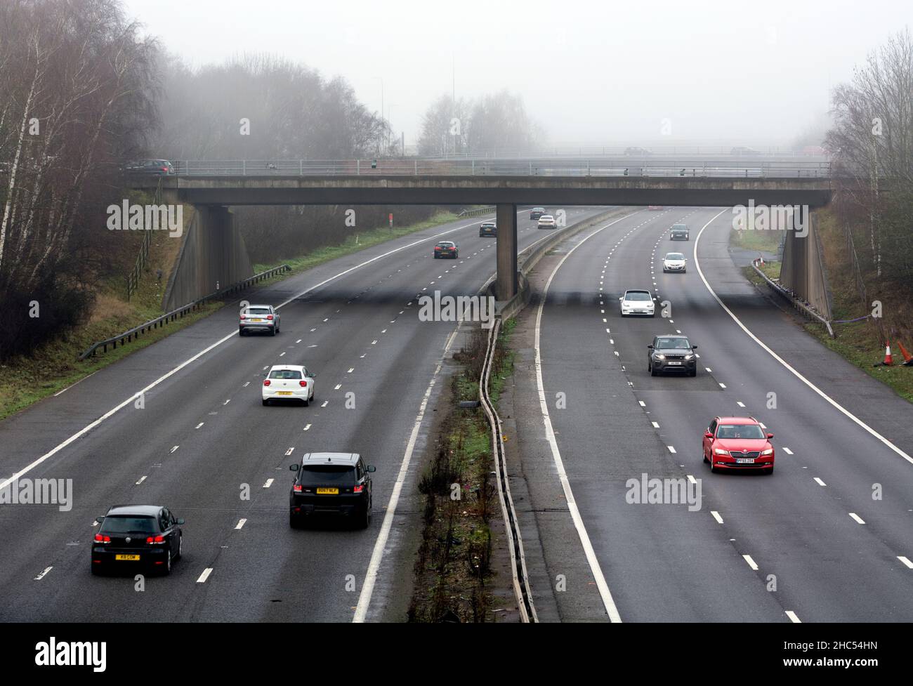 Light traffic on the M40 motorway on Christmas Eve, 2021. Warwick, UK. Stock Photo