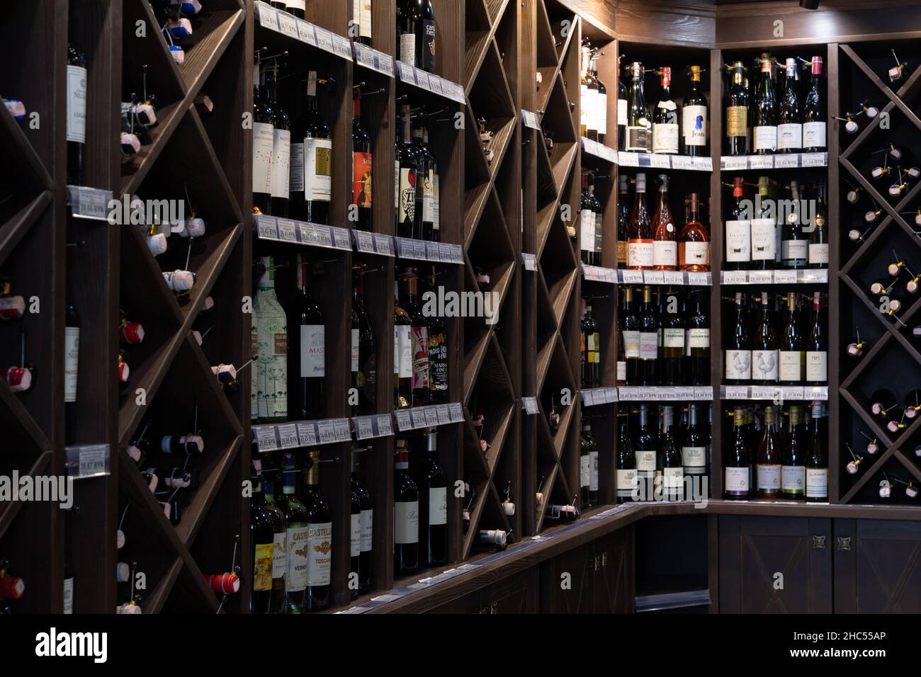 Minsk, Belarus Dec 20, 2021 shelves with wine and and expensive
