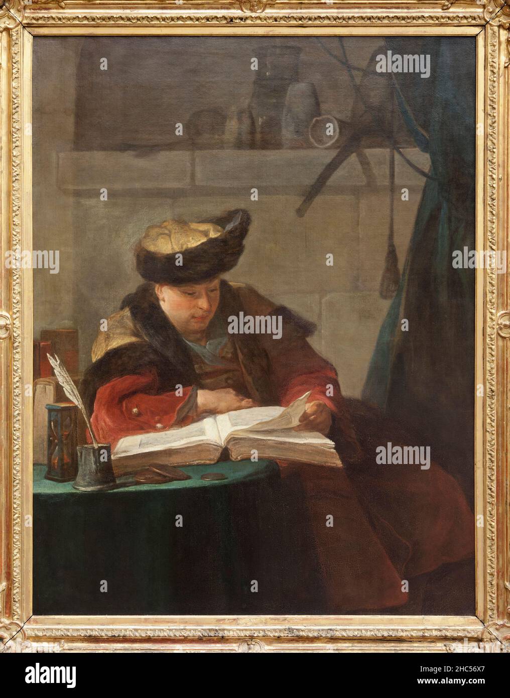 Chimiste dans son laboratoire, portrait du peintre Joseph Aved, ami du peintre, dit aussi Le Souffleur, evoquant l'image de philosophe meditant. Peint Stock Photo