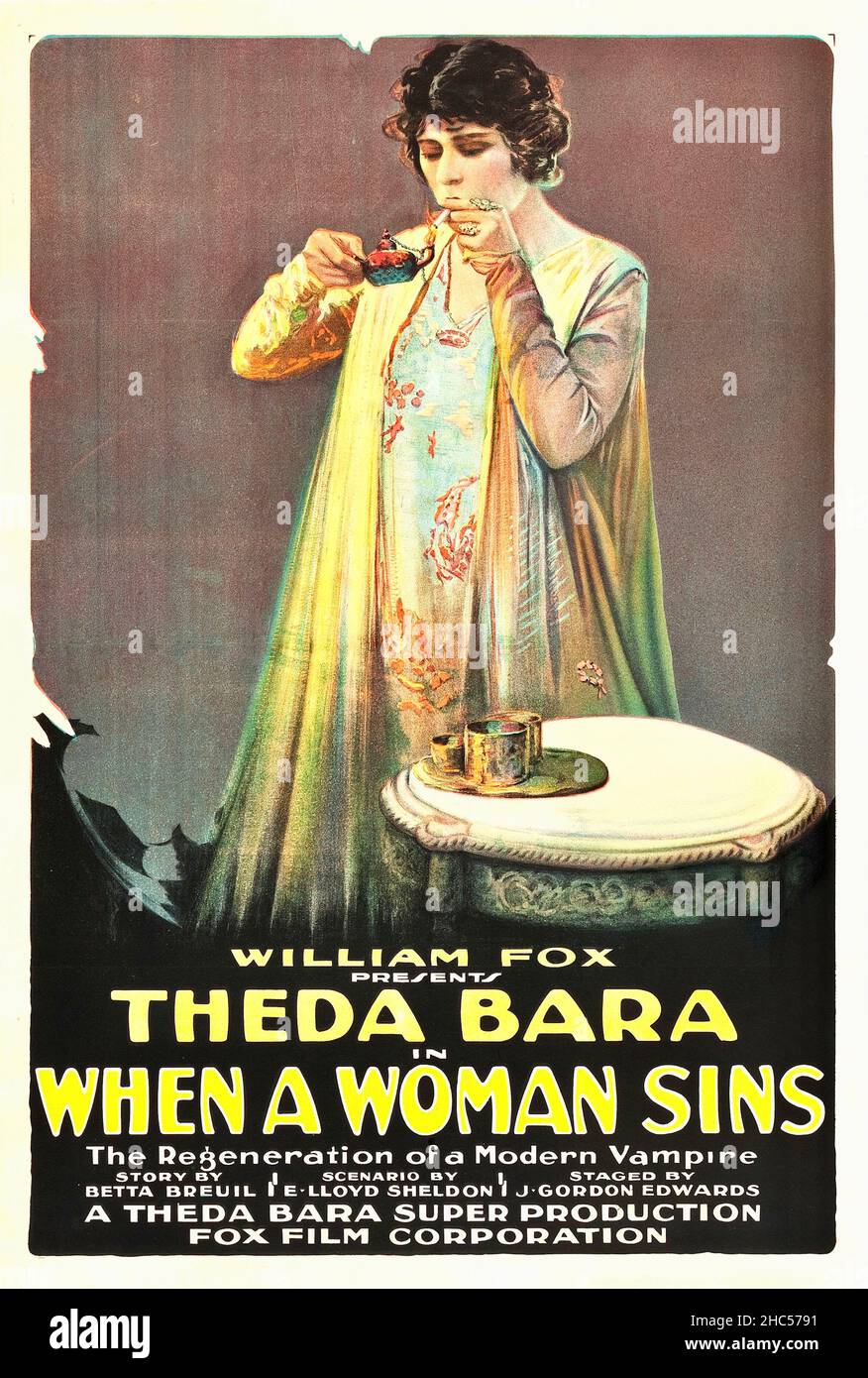 Poster for When a Woman Sins a 1918 American silent drama film directed by J. Gordon Edwards and starring Theda Bara. Stock Photo