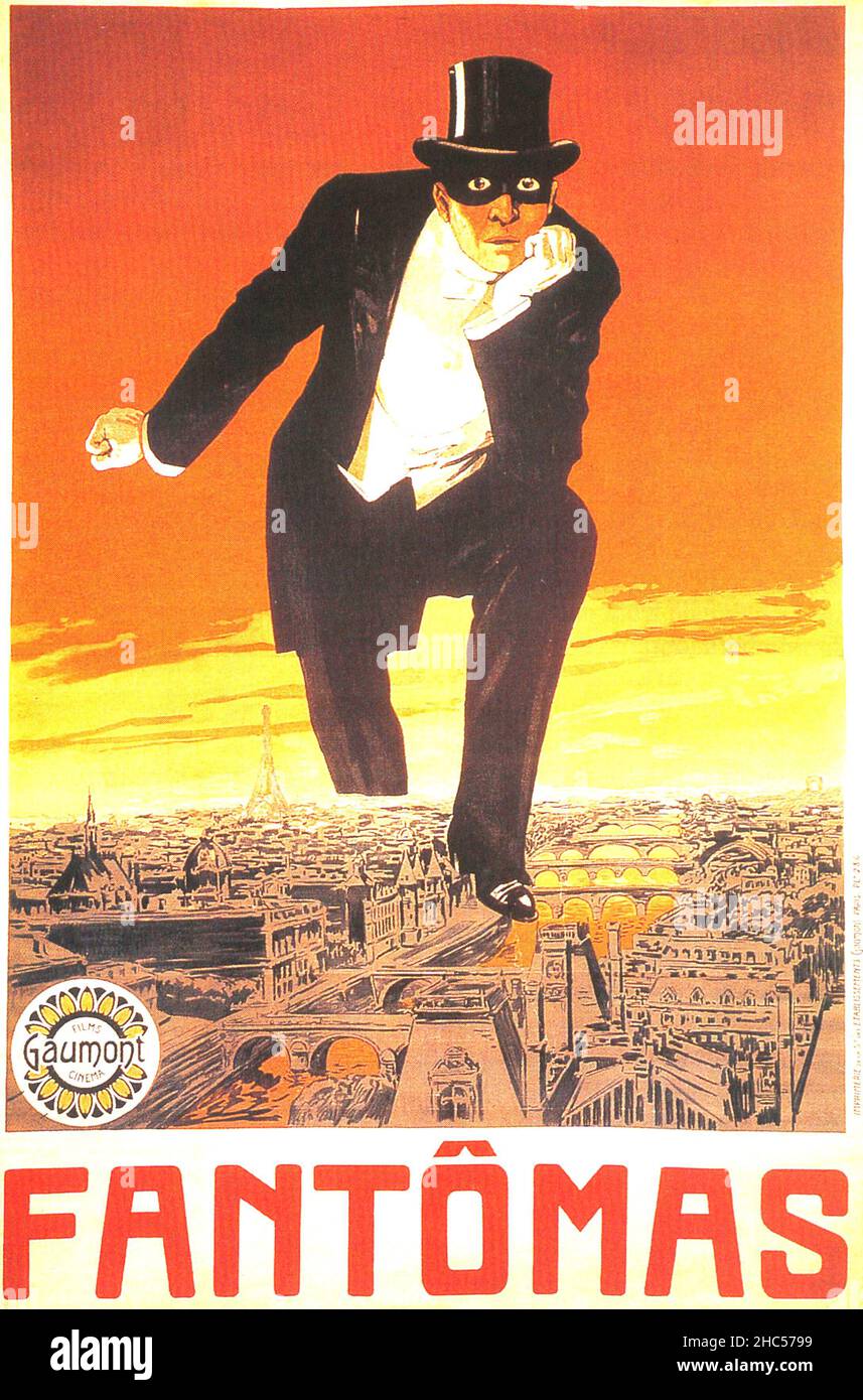 A poster for the first Fantomas film, Fantômas by Louis Feuillade, produced by Gaumont studios - 1913 Stock Photo