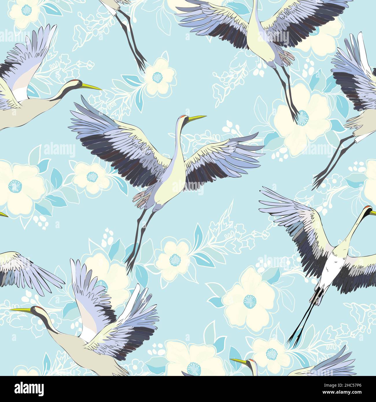 crane, pattern, vector illustration flying bird flower Stock Vector