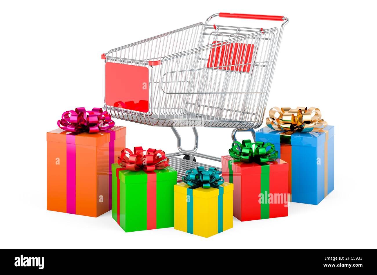Shopping cart with gift boxes, 3D rendering isolated on white ...
