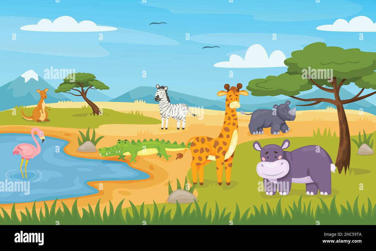 Cartoon wild animals in savannah, african safari wildlife. Cute zebra, crocodile, flamingo, giraffe, savanna landscape vector illustration. Environment with wild nature and cartoon fauna Stock Vector