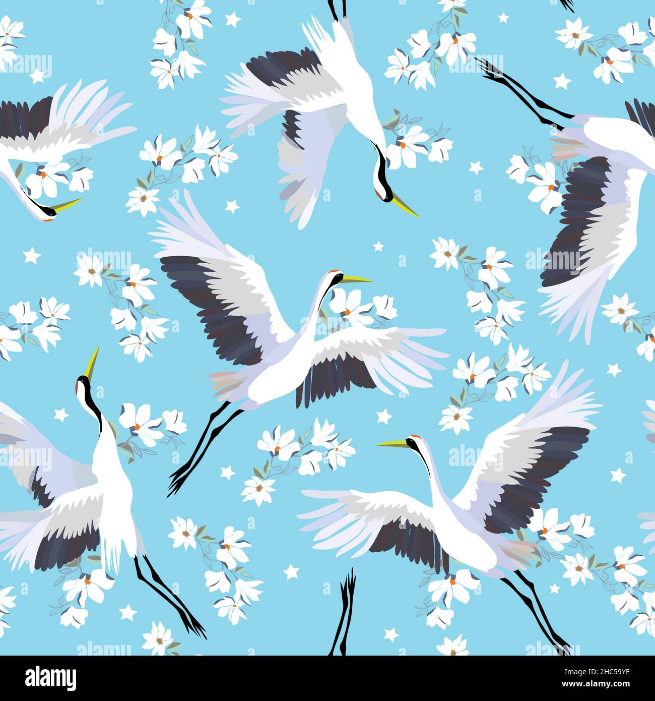 crane, pattern, vector illustration flying bird flower Stock Vector