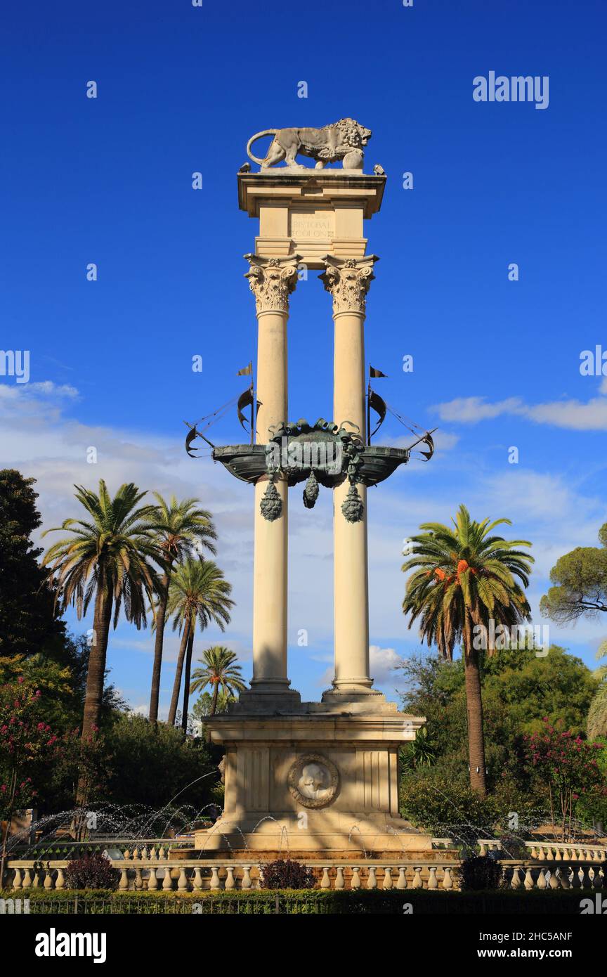 Seville, Andalusia, Spain. The Columbus Monument in the Murillo Gardens - Jardines de Murillo. Stock Photo