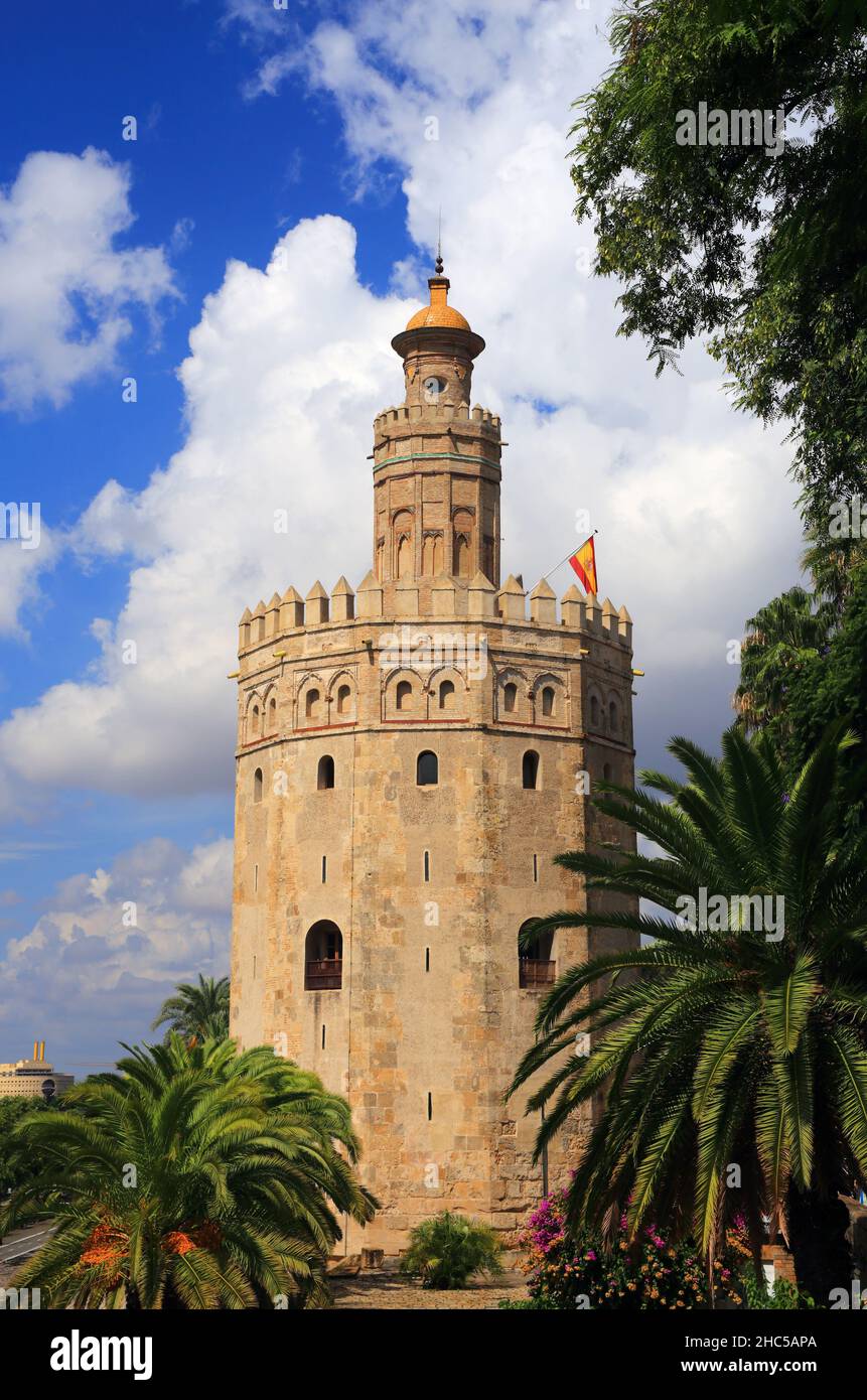 Seville, Andalusia, Spain. The 13th century Torre del Oro - Golden Tower. Built by the Almohad dynasty in order to control river access to Seville. Stock Photo