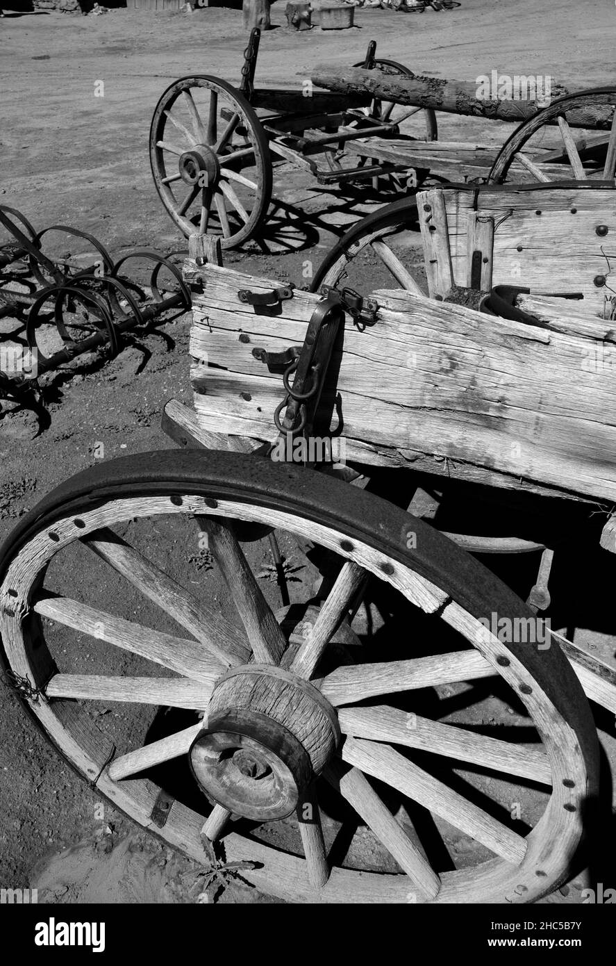 Antique wagons at El Rancho de las Golondrinas living history complex near Santa Fe, New Mexico. Stock Photo