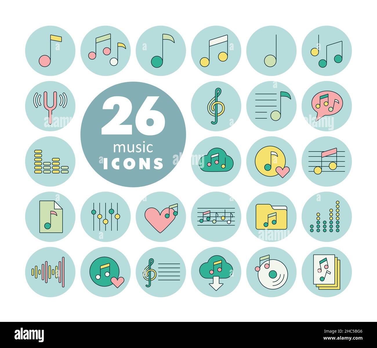 Music notes color vector icons set. Graph symbol for music and sound