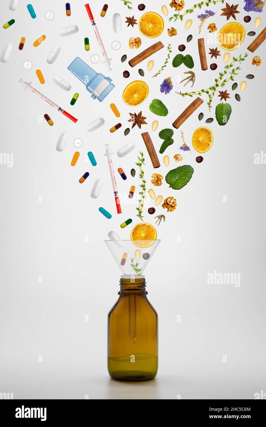 Herbal medicine vs chemical medicine white background drugs vs herbal